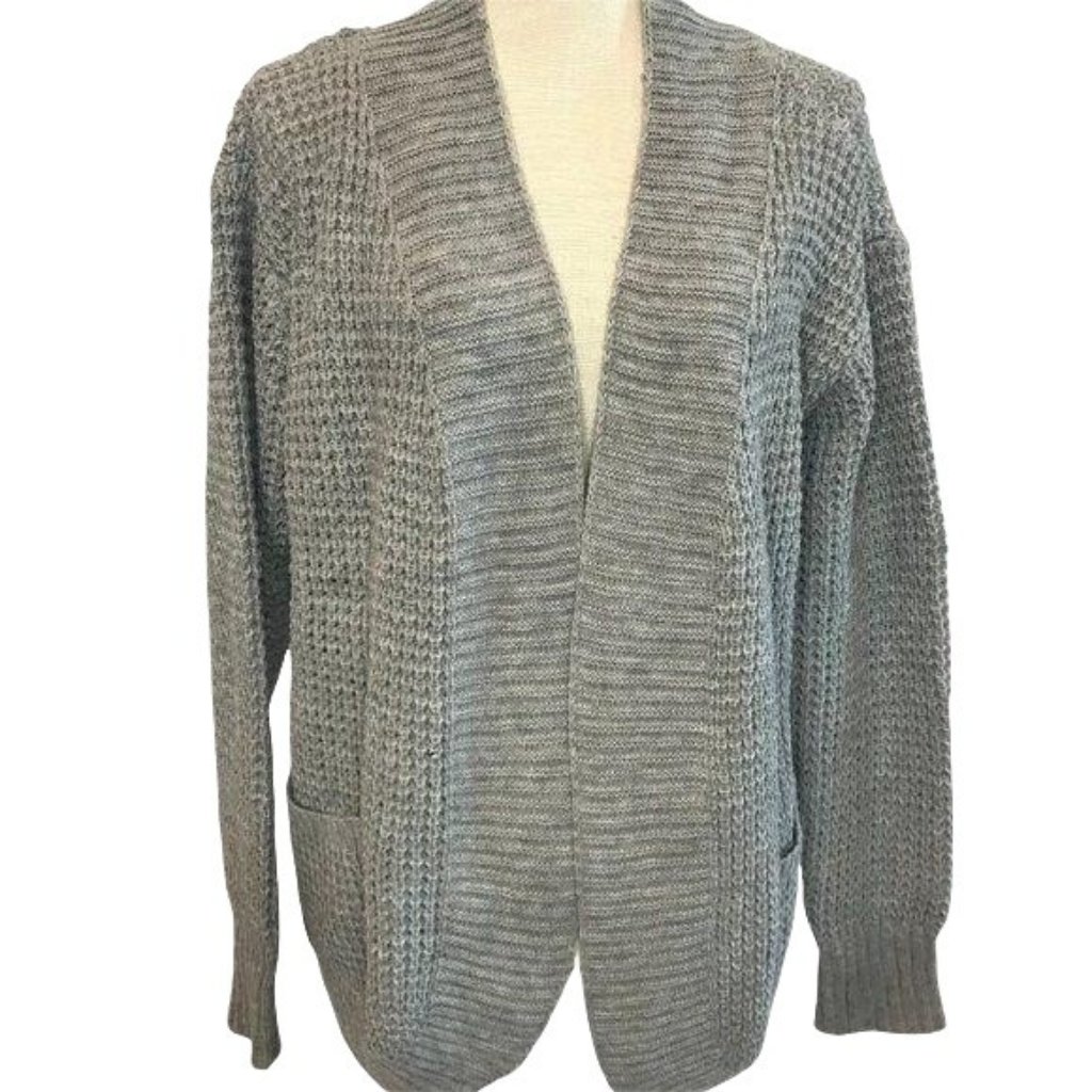 Womens Comfy Gray Waffle Knit Open Front Sweater/Cardigan With Pockets New